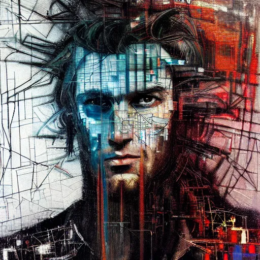 Prompt: hyperrealistic portrait of a cyberpunk man, long hair, by Guy Denning, Johannes Itten, Russ Mills, glitch art, hacking effects, glitch effects, digital tech effects, cybernetics, detailed lines, chromatic, color blocking!, oil on canvas, front view, front facing, highly detailed, symmetrical, octane, concept art, abstract, blue and black, 8k, cinematic, trending on artstation