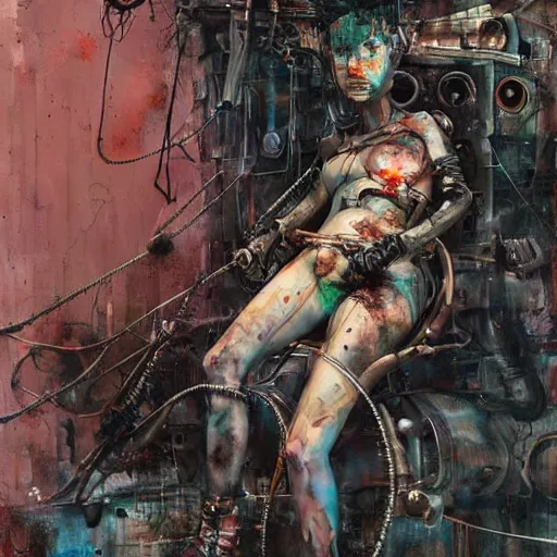 Prompt: mad max wires cybernetic implants, abandoned steelworks, grime and grunge, in the style of adrian ghenie, esao andrews, jenny saville,, surrealism, dark art by james jean, takato yamamoto