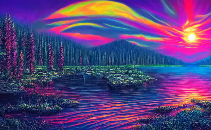 Image similar to beautiful award winning synthwave painting of a canadian lake, extreme detail, digital art, 4 k, ultra hd