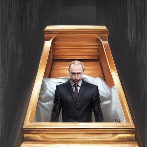 Image similar to putin on the coffin, death, funeral, portrait, highly detailed, full body, digital painting, trending on artstation, concept art, sharp focus, illustration, art by artgerm and greg rutkowski and magali villeneuve