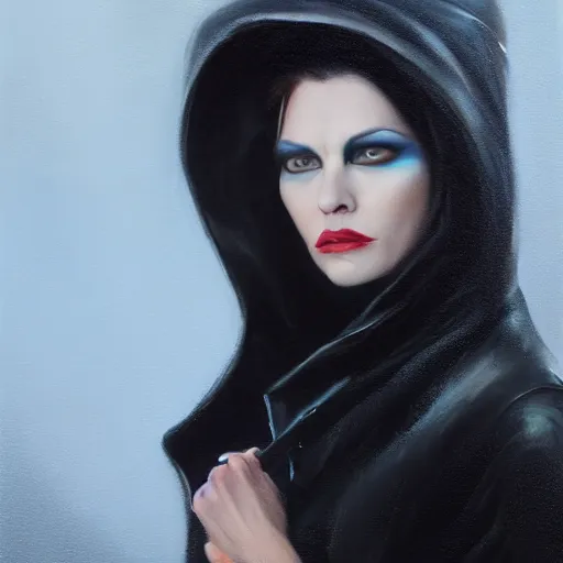 Image similar to furious dark haired women, portrait by tyler jacobson, steve argyle, wearing black coat, black makeup, ice mage, shooting ice, oil painting,, fantasy artwork, fantastic artwork, 4 k, trending on artstation