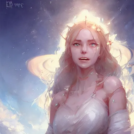 Image similar to a portrait of a beautiful smiling lady with adorable eyes, pretty eyes, beautiful eyes, looking up onto the sky, smiling, art of wlop and greg rutkowski, epic fantasy art, bright light masterpiece, ray of light through white hair