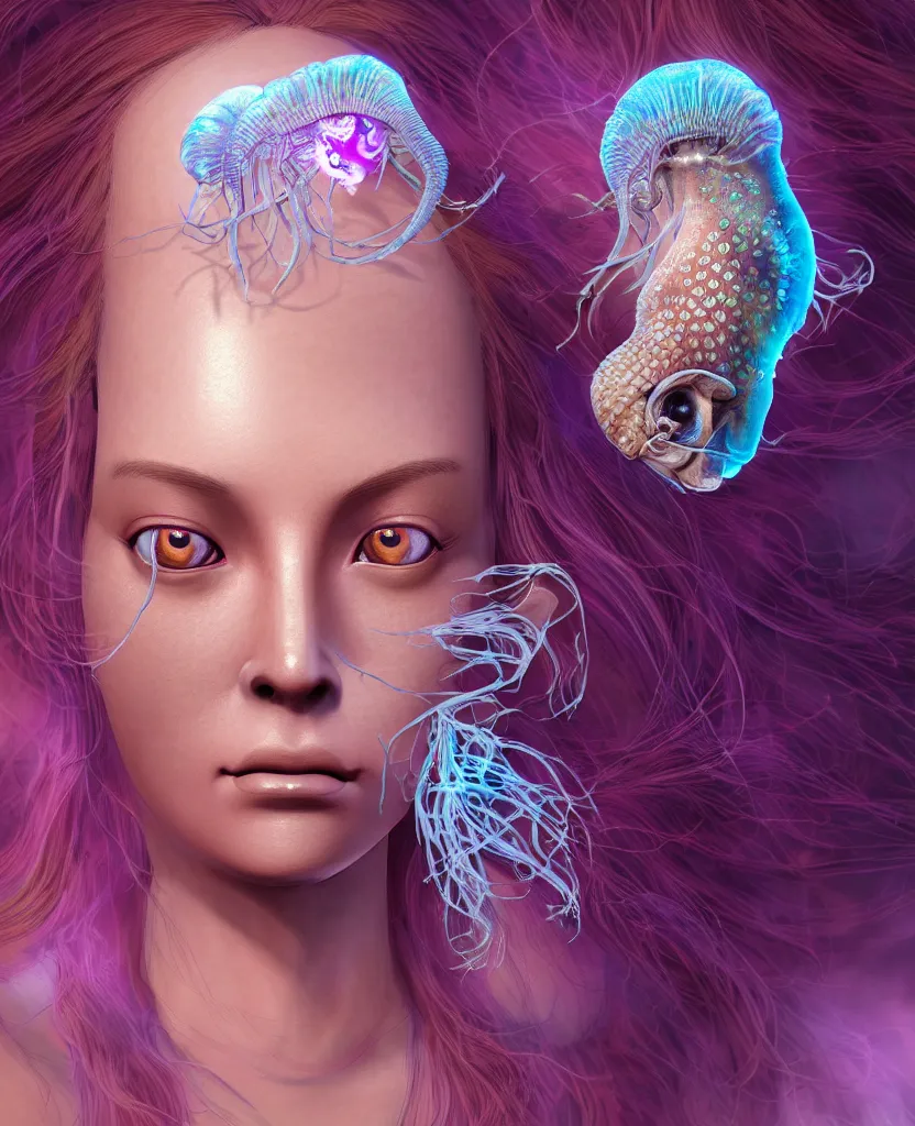 Image similar to goddess close-up portrait of princess face and ram skull. eyes. jellyfish phoenix head, nautilus, orchid, skull, betta fish, bioluminiscent creatures, intricate artwork by Tooth Wu and wlop and beeple. octane render, trending on artstation, greg rutkowski very coherent symmetrical artwork. cinematic, hyper realism, high detail, octane render, 8k