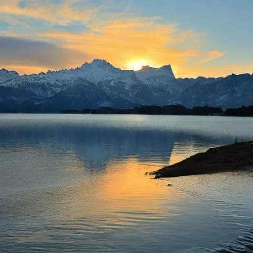 Prompt: sun setting over Italian Lake, snowy mountains in the background,