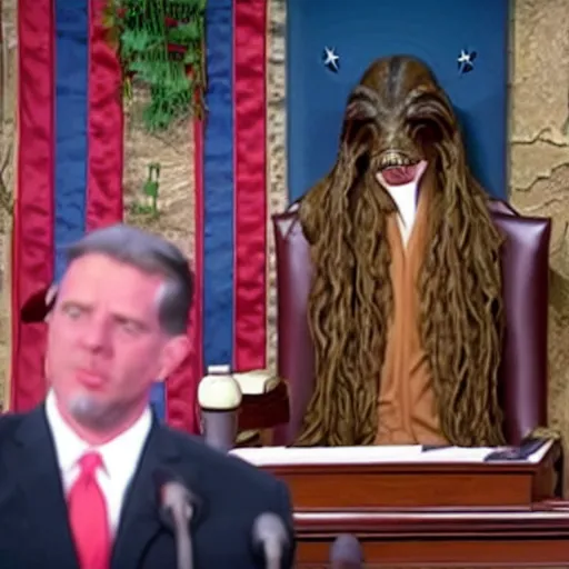 Prompt: Jar Jar Jar Binks giving the State of the Union Address, high quality press photograph