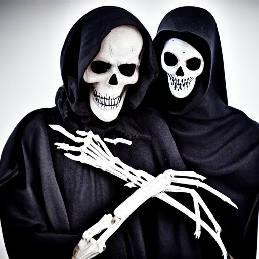 Prompt: portrait of grim reaper skeleton with his son, 8k, highly detailed, photography