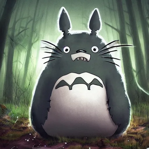 Image similar to totoro with black metal paint in the face, a drummer, electric guitar, dead people around, in the middle of the forest, fantasy digital art, wow, stunning, ghibli style, hight quality