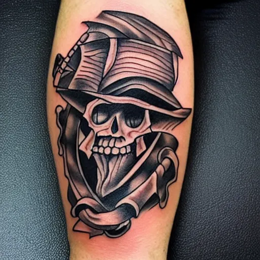 Image similar to A pirate ship tattoo design in the style of Dmitriy Samohin