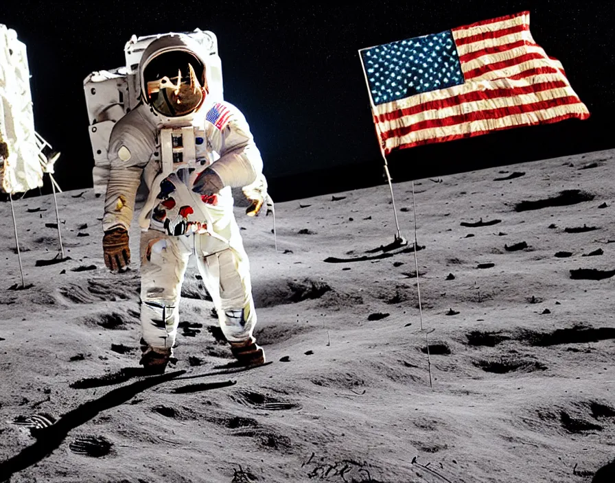 Image similar to One small step for man, one giant leap for man kind; zombie Neil Armstrong lands on the moon hoisting a neon American flag; cyberpunk moon landing; rendered by unreal engine 5; ultra high detail painting; 4K 8K; stunning composition; illustration; rich hues; saturated Miami Vice neon