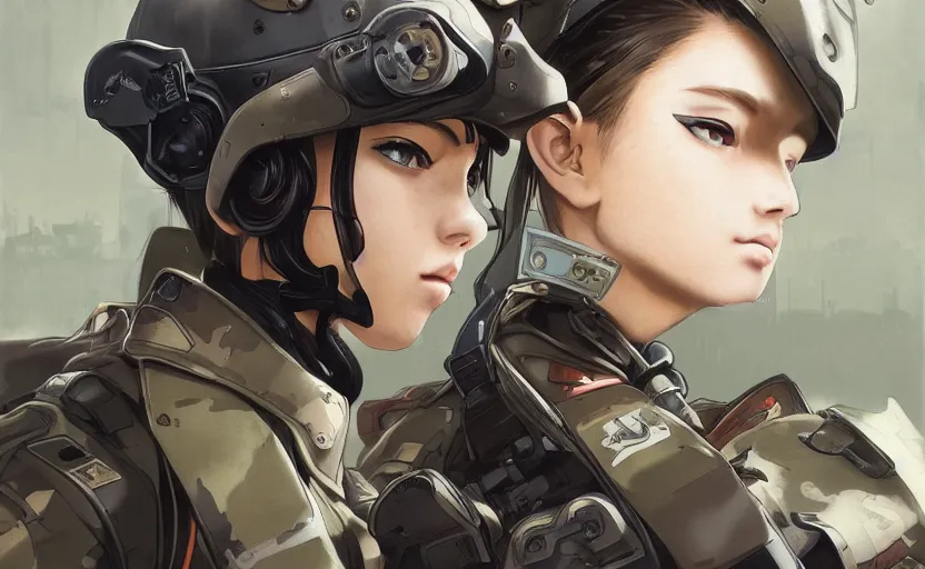 Image similar to top portrait of mechanized soldier girl, anime style, urban in background, soldier clothing, combat helmet, short hair, hair down, symmetrical facial features, from arknights, hyper realistic, 4 k, rule of thirds, extreme detail, detailed drawing, trending artstation, hd, d & d, realistic lighting, by alphonse mucha, greg rutkowski
