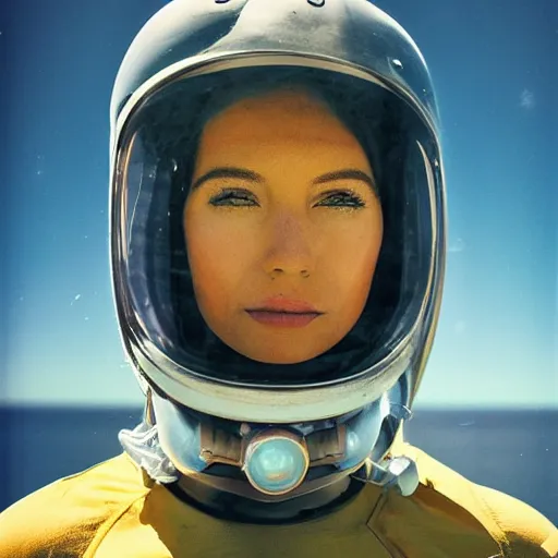 Image similar to beautiful extreme closeup portrait photo in style of frontiers in human deep diving helmet science fashion magazine September retrofuturism edition, highly detailed, soft lighting