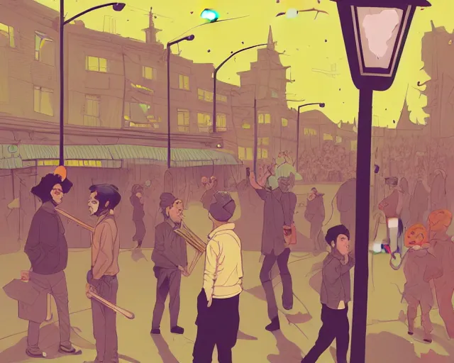 Image similar to a study of cell shaded cartoon of the concert of a music band playing music, street lamps, road, illustration, wide shot, subtle colors, post grunge, concept art by josan gonzales and wlop, by james jean, Victo ngai, David Rubín, Mike Mignola, Laurie Greasley, highly detailed, sharp focus, Trending on Artstation, HQ, deviantart, art by artgem