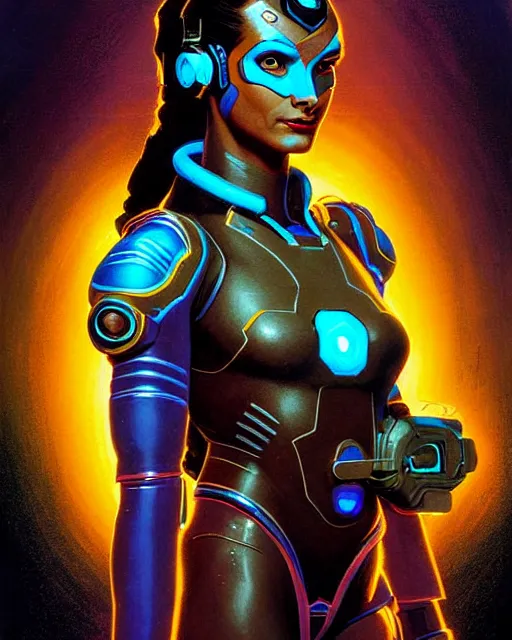 Prompt: symmetra from overwatch, character portrait, sci - fi armor, portrait, close up, concept art, intricate details, highly detailed, vintage sci - fi poster, retro future, in the style of chris foss, rodger dean, moebius, michael whelan, and gustave dore