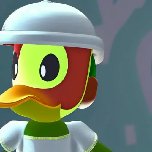 Prompt: a green duck from animal crossing wearing a white helmet