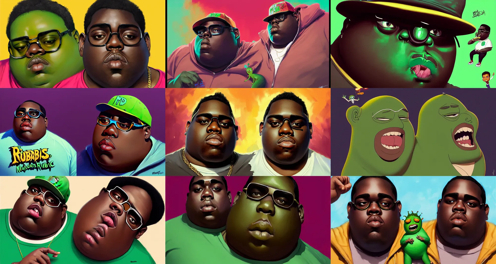 Prompt: the notorious b. i. g. as pickle rick, animation pixar style, shaded lighting poster by magali villeneuve, artgerm, jeremy lipkin and michael garmash, rob rey and kentaro miura style, trending on art station