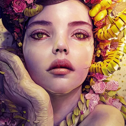 Image similar to the portrait of an absurdly beautiful, graceful, elegant young woman made of bananas and petals looking up, an ultrafine detailed illustration by kim jung gi, irakli nadar, intricate linework, bright colors, octopath traveler, final fantasy, angular, unreal engine 5 highly rendered, global illumination, radiant light, detailed and intricate environment