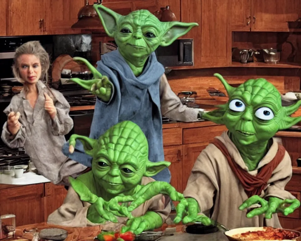 Prompt: yoda hosts a cooking show, scene from a horror movie