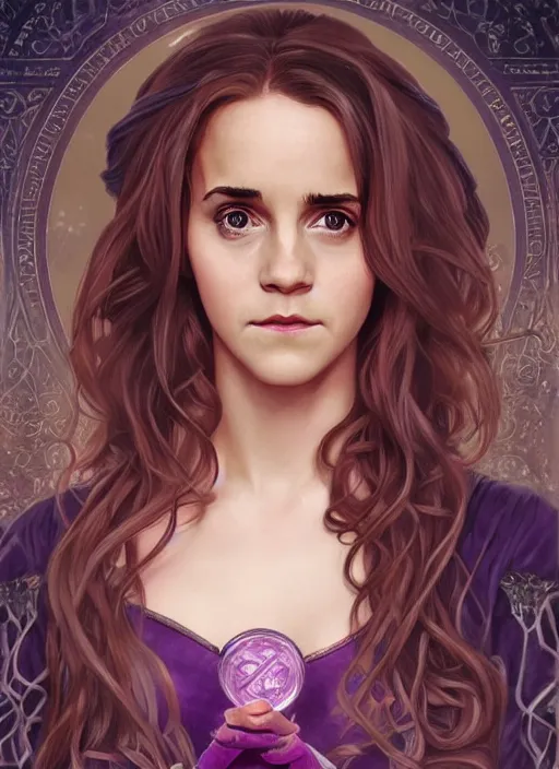 Prompt: hermione! granger! at hogwarts!! at the yule ball wearing pink and purple dress. emma watson. beautiful detailed face. by artgerm and greg rutkowski and alphonse mucha