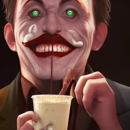 Image similar to Joker drinking a chocolate milkshake, hyperdetailed, artstation, cgsociety, 8k