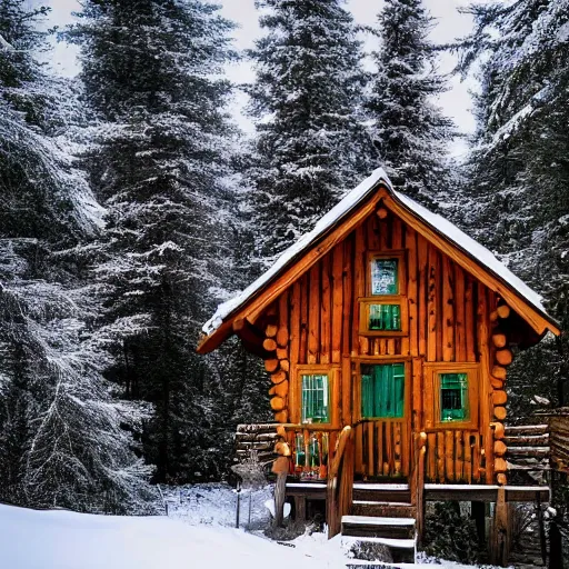 Image similar to winter cabin in the woods, snow falling, pine trees, photograph, f 8. 0 3 2 mm,