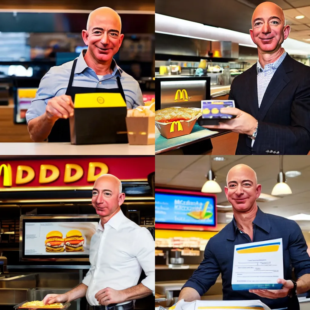 Prompt: A photo of Jeff Bezos working at McDonalds, menu in background, front view, at checkout, bokeh