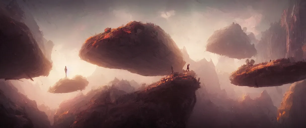 Image similar to floating islands in void concept art, low angle, cinematic, style of Jordan grimmer