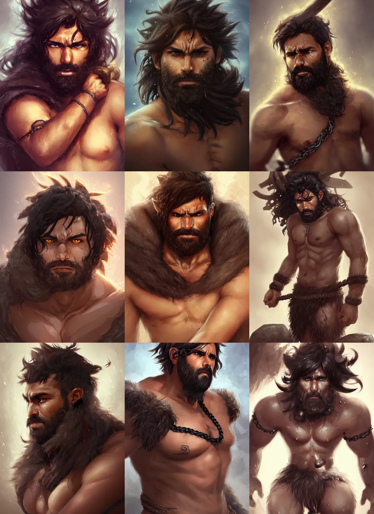 Prompt: picture of a barbarian chained to a rock, light brown skin, black messy hair, beard, pelt, sad, exhausted, face details, shapely, extremely detailed, smooth, sharp focus, digital illustration, by artgerm, rossdraws, sakimichan
