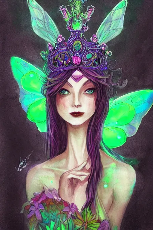 Prompt: vivid colors, bio-luminescent beautiful mysterious evil fairy queen, wearing a crown, in deep black darkness, shining eyes, face by Loish
