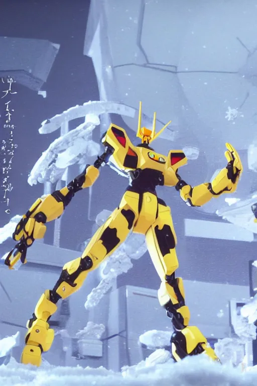 Prompt: a scene with a yellow intricate hard surface anime evangelion robot made of snow