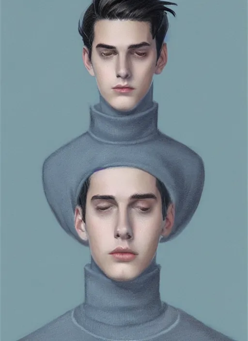 Image similar to portrait of teenage jughead jones wearing a light grey crown, crown, light grey crown, blue turtleneck, 1 9 5 0 s, closed eyes, intricate, elegant, glowing lights, highly detailed, digital painting, artstation, concept art, smooth, sharp focus, illustration, art by wlop, mars ravelo and greg rutkowski