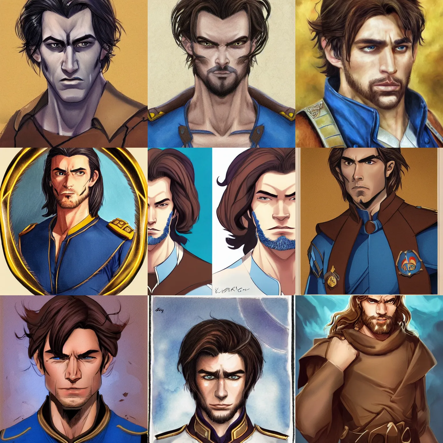 Prompt: a young man with shoulder length brown hair. blue uniform. scar on his forehead. serious expression, handsome, rugged, kaladin stormblessed, way of kings, artgerm, portrait