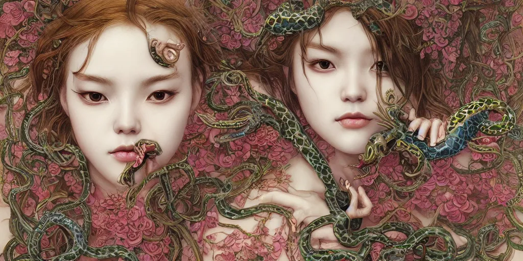 Image similar to breathtaking detailed concept art painting of a woman with snakes crawling in her mouth and eyes flowers, saint, with anxious, piercing eyes, ornate background, amalgamation of leaves and flowers, by Hsiao-Ron Cheng, James jean, Miho Hirano, takato yamamoto, extremely moody lighting, 8K