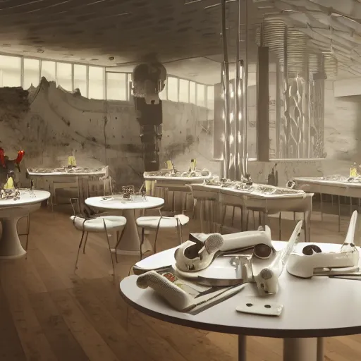 Image similar to three large white glossy kuka industrial robot arms on the floor around a dinner table, the kuka industrial robot arms are wearing bow ties, the table is full of food, they are having dinner inside a fine dining restaurant with mid century modern furniture and decor, global illumination, artstation, fantasy