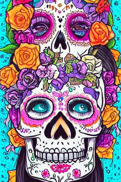 Image similar to illustration of a sugar skull day of the dead girl, art by hikari shimoda