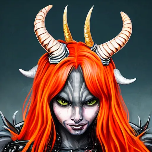 Image similar to illustrated realistic portrait female ram-horned kobold that has orange skin and blue hair with black evil devil eyes wearing leather armor by rossdraws