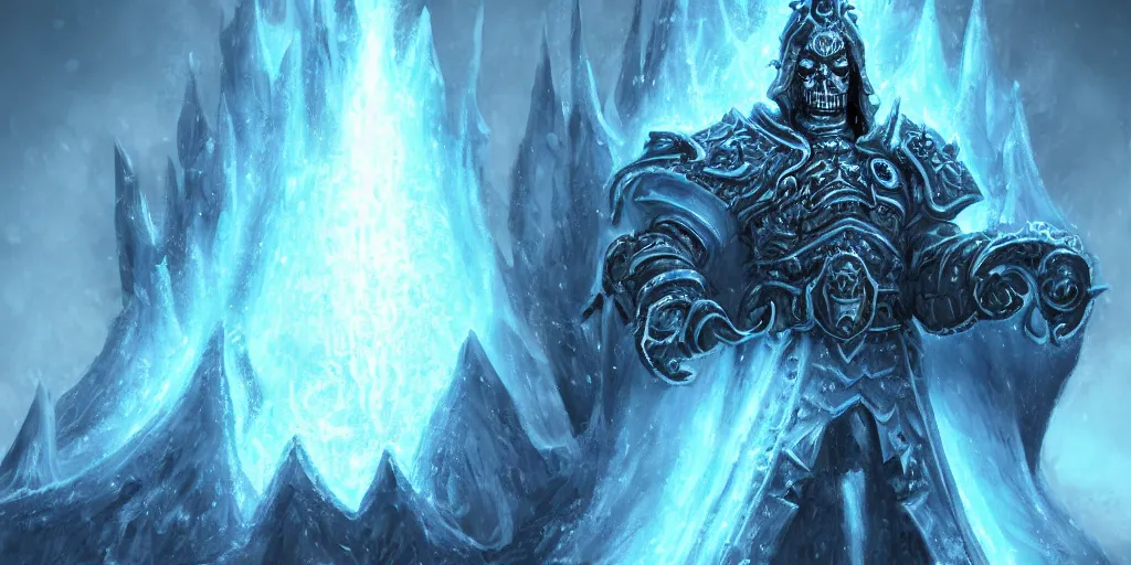 Image similar to the lich king from world of warcraft sitting on the frozen throne trending on artstation