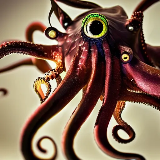 Prompt: a close up of an octopus with large eyes, a macro photograph by craola, lovecraftian, grotesque, macro photography