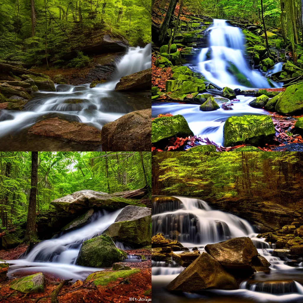 Prompt: a waterfall in the middle of a forest filled with rocks, a tilt shift photo by mike bierek, flickr contest winner, hudson river school, long exposure, photo taken with nikon d 7 5 0, post processing