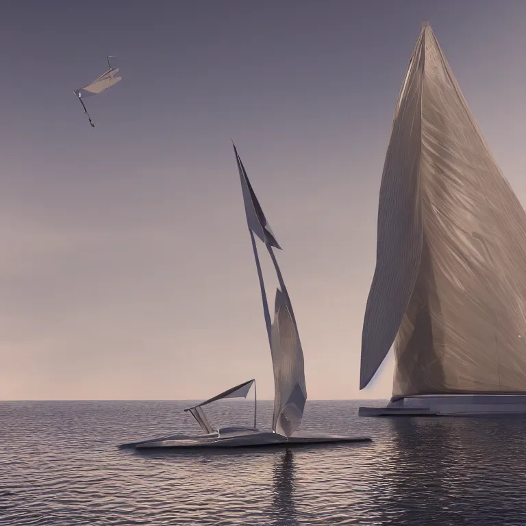 Prompt: octane render portrait by wayne barlow and carlo crivelli and glenn fabry, a futuristic sailboat with sails made out of clear iridescent plastic, cinema 4 d, ray traced lighting, very short depth of field, bokeh
