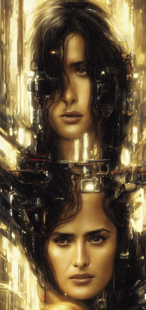 Image similar to young Salma Hayek as a replicant from blade runner, detailed, centered, digital painting, artstation, concept art, donato giancola, Joseph Christian Leyendecker, WLOP, Boris Vallejo, Breathtaking, 8k resolution, extremely detailed, beautiful, establishing shot, artistic, hyperrealistic, beautiful face, octane render