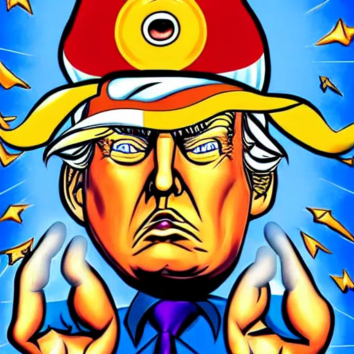 Image similar to donald trump with a third eye living in an extradimensional reality, in the style of goof troop, illustration, epic, fantasy, hyper detailed, smooth