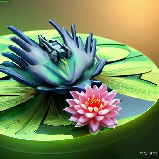 Prompt: futuristic nymphaea themed mecha waterlily flower for upper body android, cyberpunk, rococo, sci - fi movie, cinematic compositions, highly detailed, nymphaea, 8 k hd resolution, sazabi, biomechanical, bandai box art, makoto kobayashi, zaha hadid,