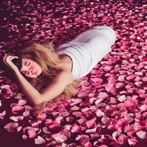 Prompt: woman laying in a pool of rose petals, movie poster, realistic, soft lighting, professional