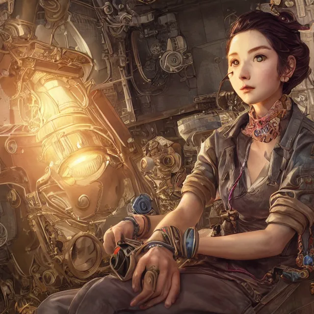 Image similar to the portrait of true neutral semi - colorful female mechanist engineer as absurdly beautiful, gorgeous, elegant, young girl, an ultrafine hyperdetailed illustration by kim jung gi, irakli nadar, intricate linework, bright colors, octopath traveler, final fantasy, unreal engine 5 highly rendered, global illumination, radiant light, detailed and intricate environment