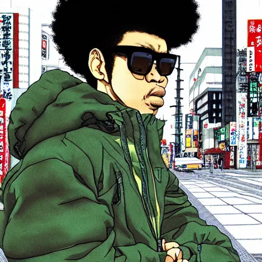 Image similar to illustration by katsuhiro otomo, black man with afro hair, stubble, wearing an adidas army green jacket, in the streets of tokyo, akira style, by katsuhiro otomo