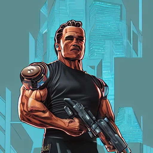 Prompt: cyberpunk arnold schwarzenegger as the leader of a futuristic communist society, cybernetics, sharp lines, digital, artstation, colored in