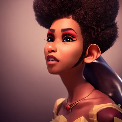 Image similar to beautiful afroame elf, clash royal style characters, unreal engine 5, octane render, detailed, cinematografic, cinema 4 d