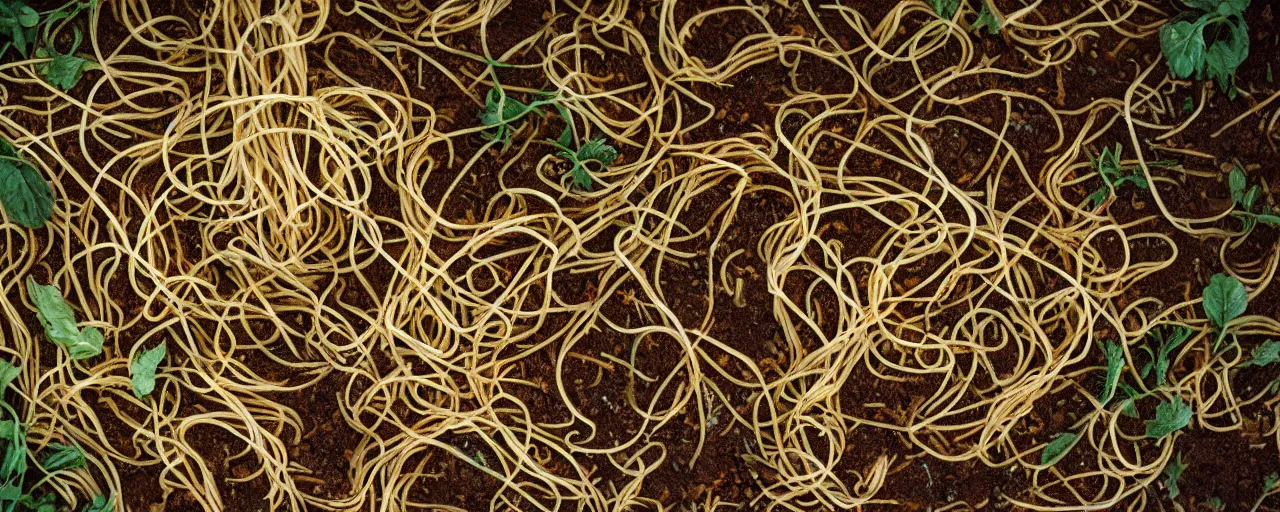 Image similar to spaghettis as mycelium, under the dirt, fine detail, canon 5 0 mm, in the style wes anderson, kodachrome