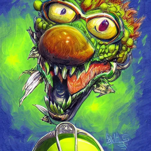 Prompt: a tennis ball monsteron a motorcyle harley davidson on a tennis court, digital art, fantasy, magic, chalk, trending on artstation, ultra detailed, professional illustration by basil gogos