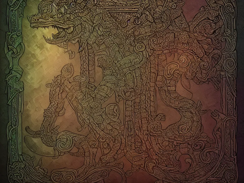 Image similar to mayan book decorative border frame, crocodile illuminations, d & d, fantasy, intricate, elegant, highly detailed, digital painting, artstation, illustration, hearthstone